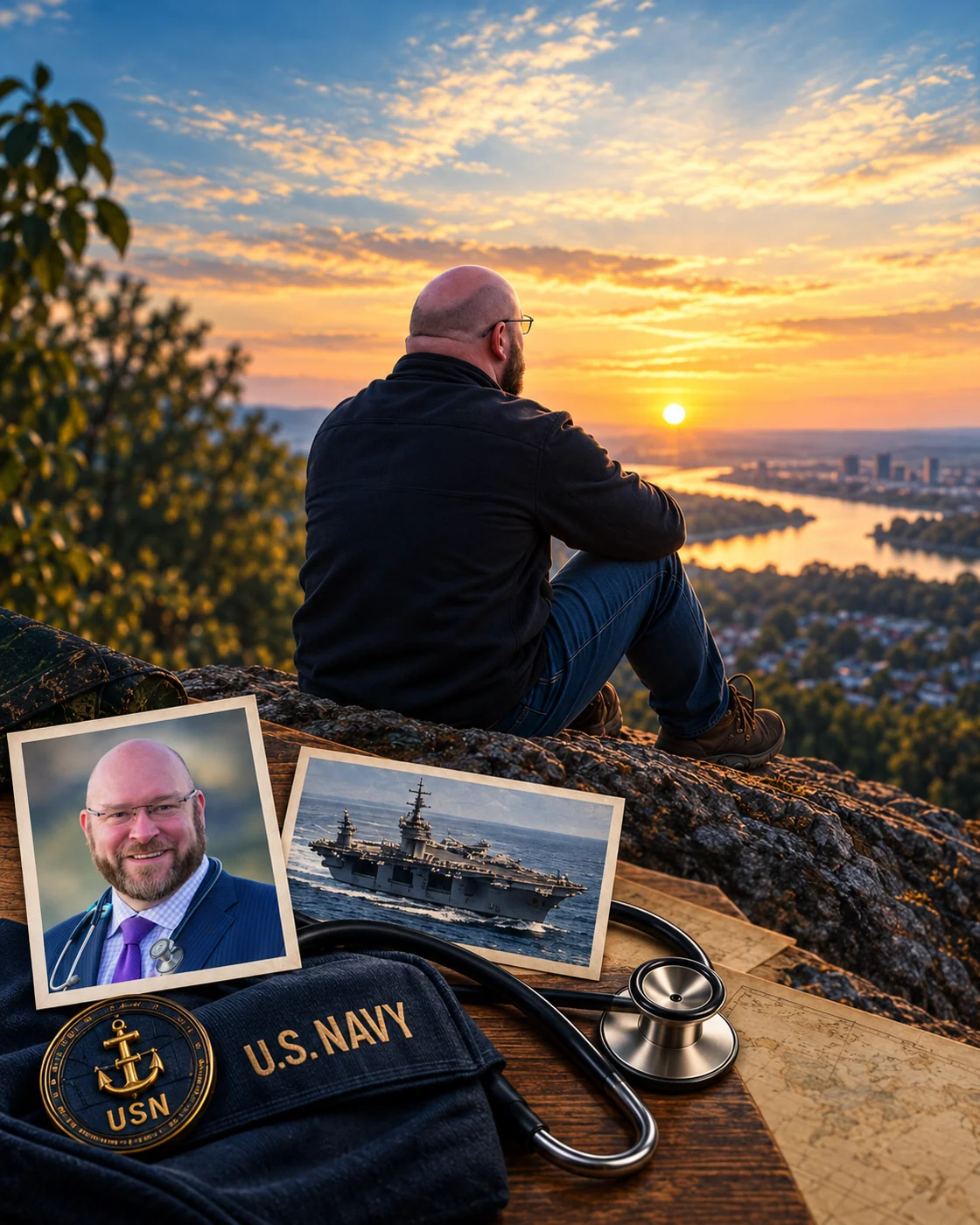 Memoir artwork: a seated man overlooks a river at sunrise, above a montage of David’s portrait, a Navy ship, a cap, and a stethoscope.